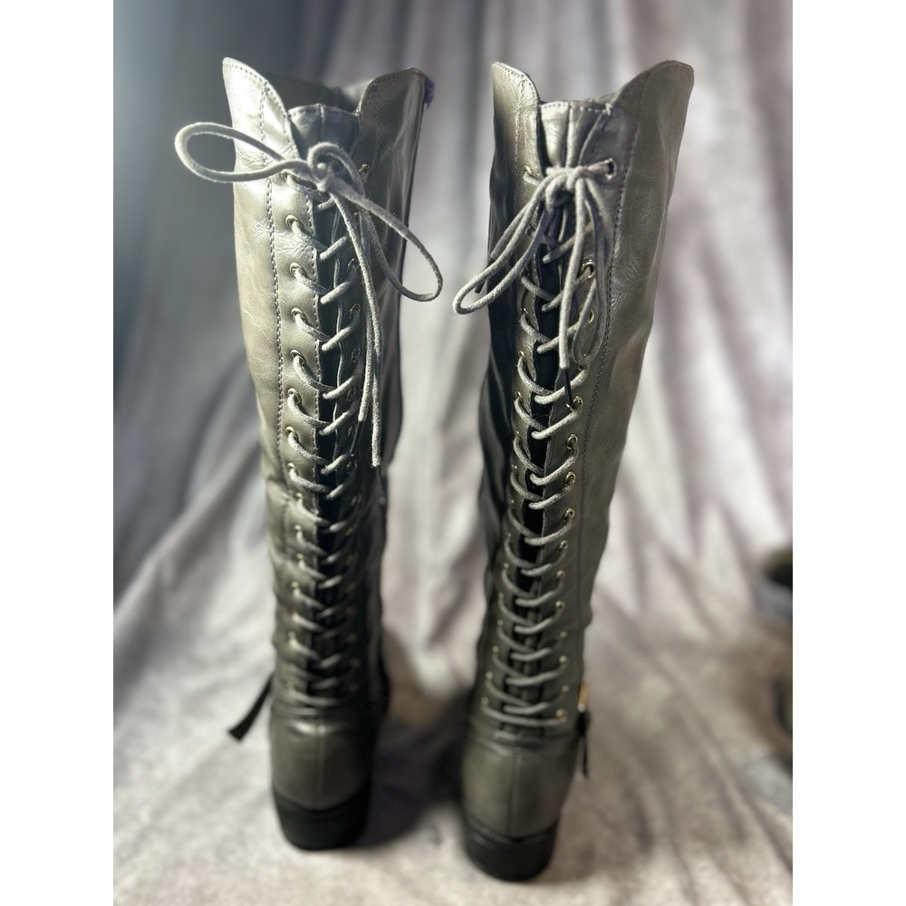 Sociology Gray Leather Tall Riding Boots Lace Up Back Side Zip Women's 8.5